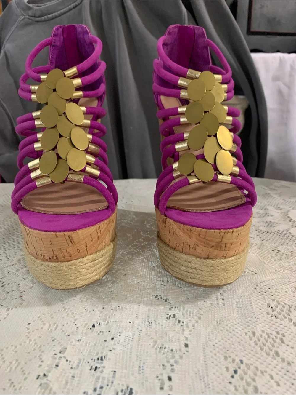 H by Halston Fuchsia Strappy Wedge Sandals with Gold Discs
